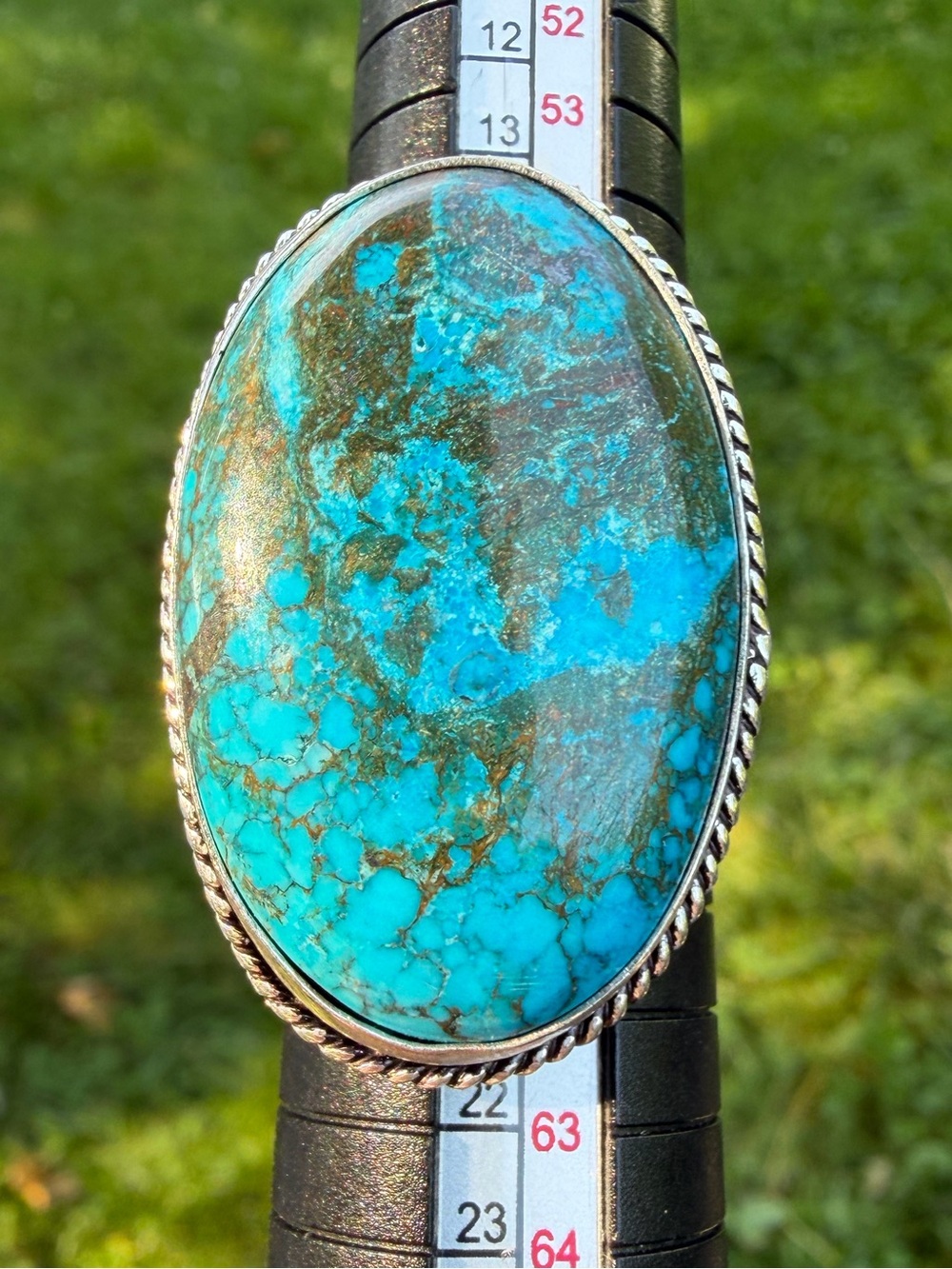 Vintage Chrysocolla Turquoise Colored Oval Silver Statement Ring - Picture 4 of 15
